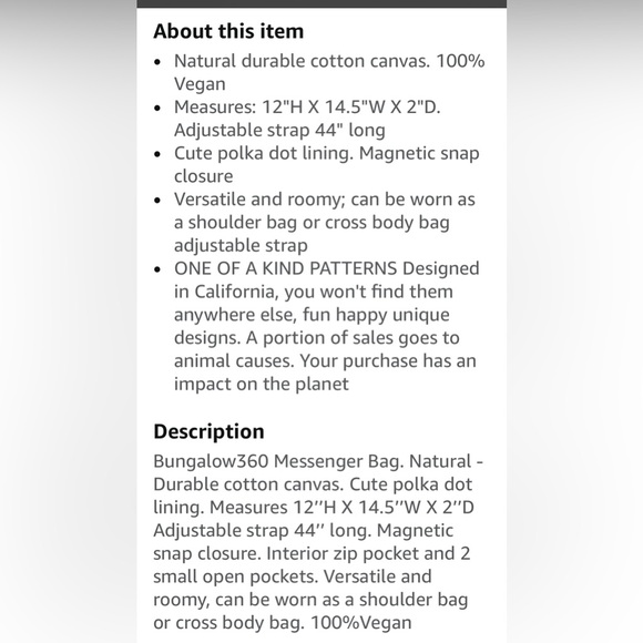 Bungalow 360 vegan canvas Messenger crossbody shoulder bag. Hearts and birds. - Picture 8 of 8